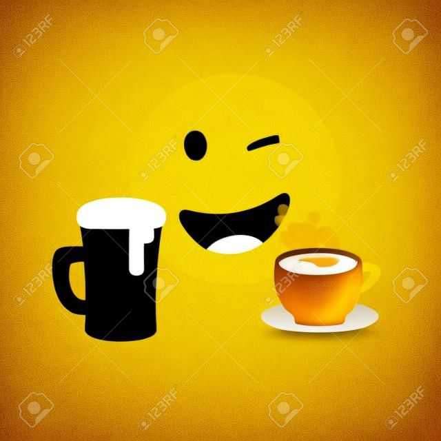 Bière et café - Émoticône souriante et clignotante - Émoticône heureuse simple et brillante avec chope de bière et tasse de café sur fond jaune - Conception vectorielle