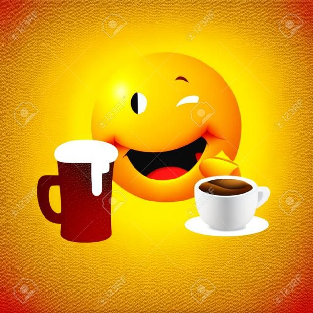Beer and Coffee - Smiling and Winking Emoticon - Simple Shiny Happy Emoticon with Beer Mug and Coffee Cup on Yellow Background - Vector Design
