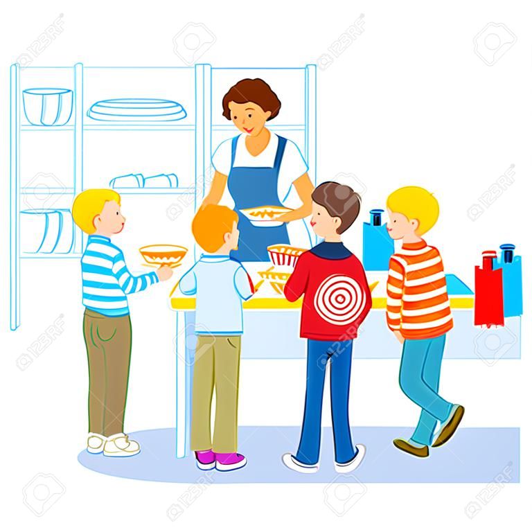 Illustration von Kindern in einer Kantine, die Mittagessen kaufen und essen