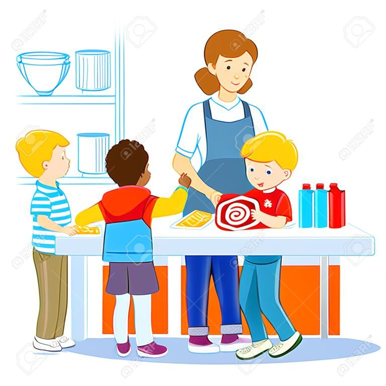 Illustration von Kindern in einer Kantine, die Mittagessen kaufen und essen