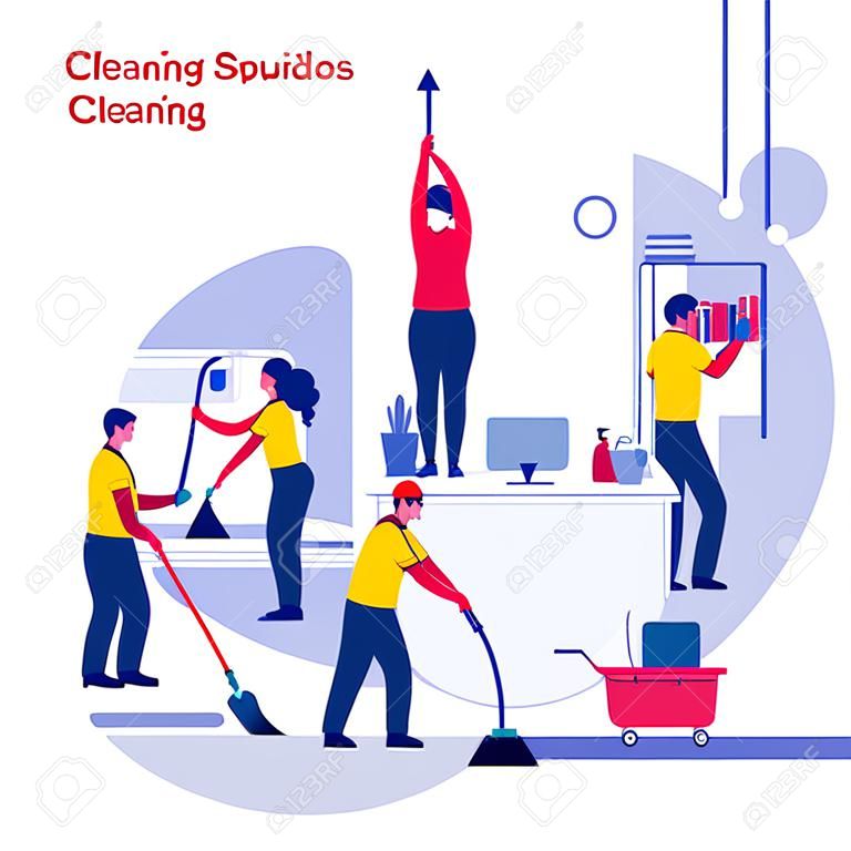 Gruppo di bidelli in uniforme che puliscono l'ufficio con attrezzature per la pulizia, illustrazione vettoriale