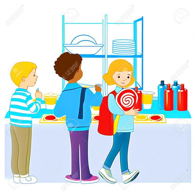 매점에 있는 아이들이 점심을 사고 먹고 있습니다. 학교로 돌아가다. 만화 벡터 격리 된 그림입니다.