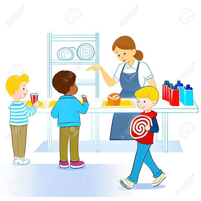 Kids in a Canteen Buying and Eating Lunch. Back to school. Cartoon vector isolated illustration.