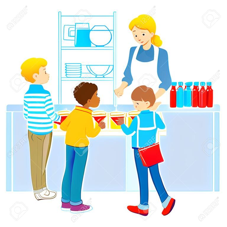 Kinderen in een Canteen Buying and Eating Lunch. Terug naar school. Cartoon vector geïsoleerde illustratie.