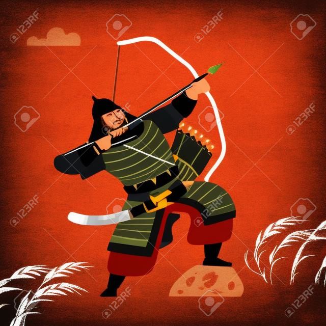 Arciere guerriero mongolo con freccia e arco. Illustrazione piatta vettoriale isolata.