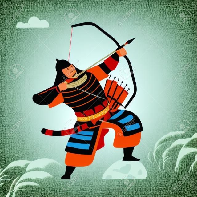 Arciere guerriero mongolo con freccia e arco. Illustrazione piatta vettoriale isolata.