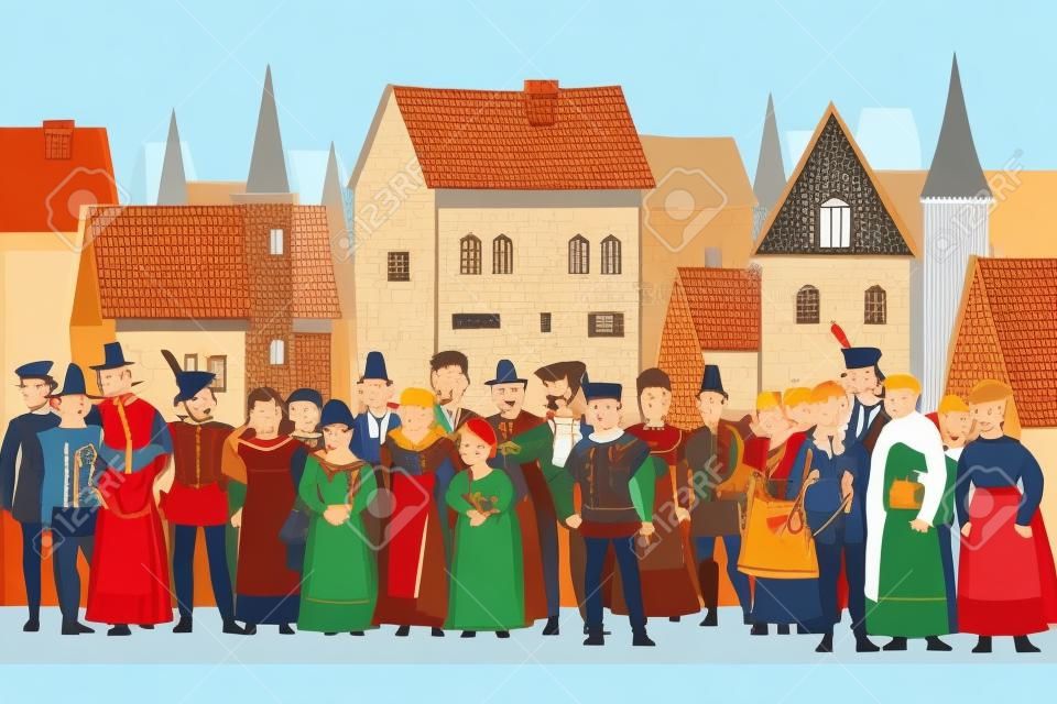 Arrière-plan fabuleux avec foule médiévale et ville médiévale. Rue de la vieille ville avec des maisons. Illustration vectorielle en style cartoon