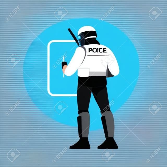 Oficial de policía antidisturbios en uniforme, casco con escudo y bastón. Ilustración de vector de diseño de personajes de estilo plano de dibujos animados aislado sobre fondo blanco
