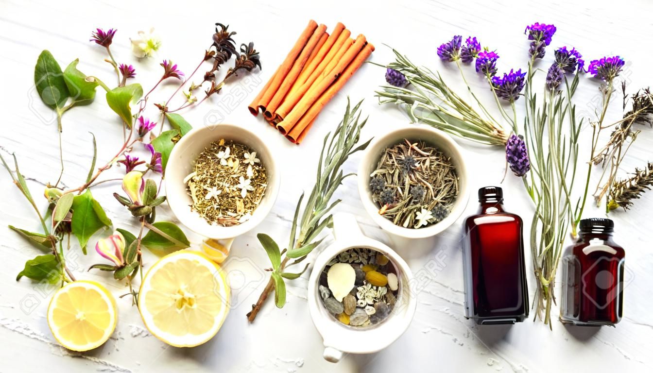 Various kinds of herbal tea. Natural herbs medicine. Top view