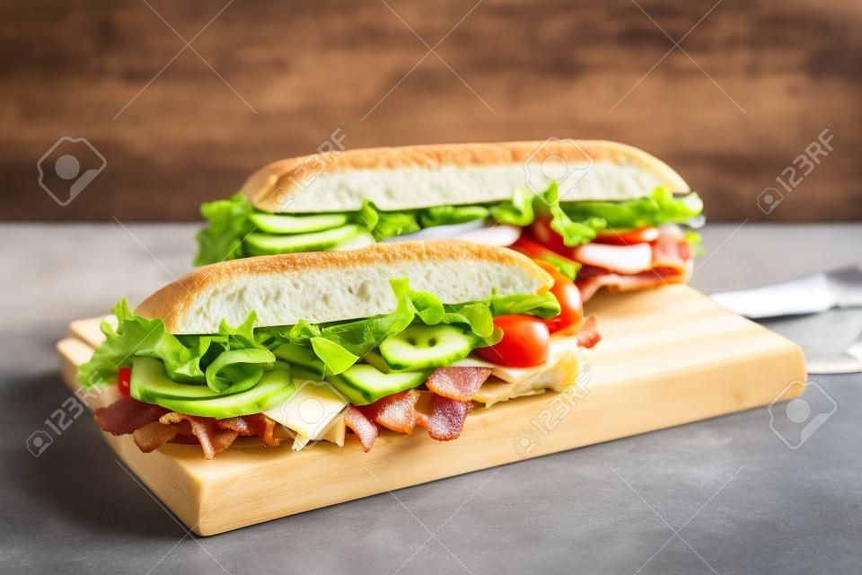 Два свежих подводных бутерброды с ветчиной, сыром, беконом, помидорами, салат, огурцы и лук на деревянной разделочной доске