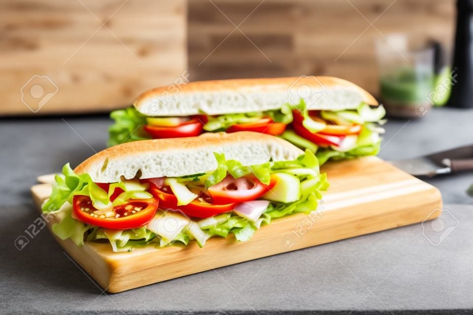 Two fresh submarine sandwiches with ham, cheese, bacon, tomatoes, lettuce, cucumbers and onions on wooden cutting board