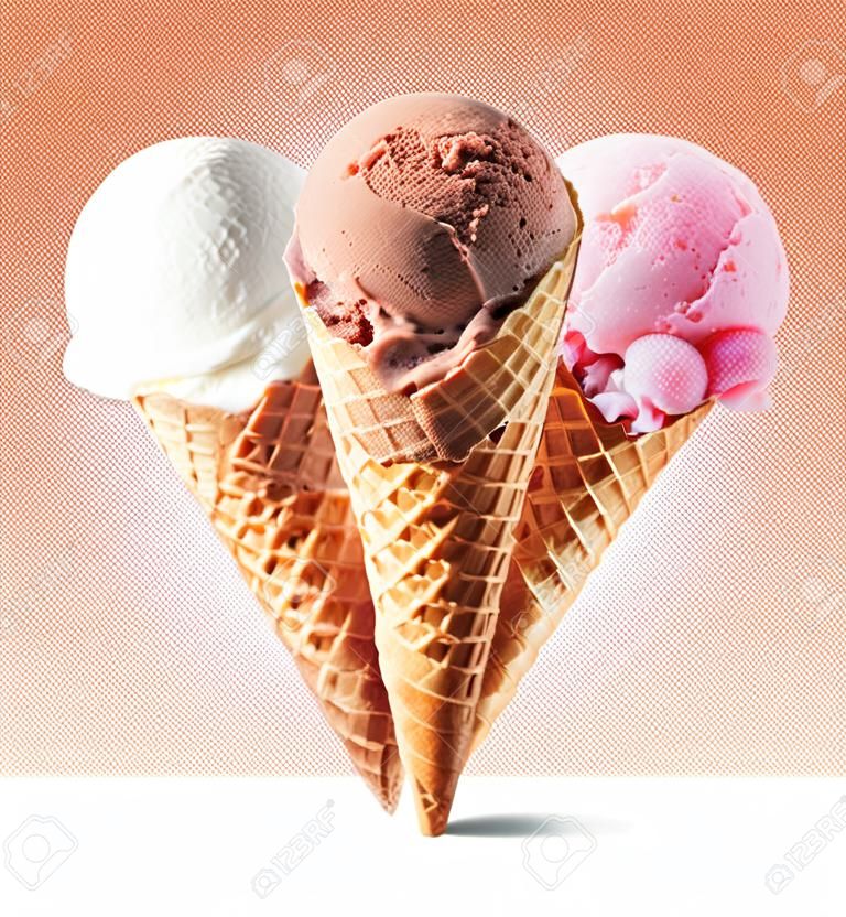 Chocolate, strawberry and vanilla ice cream with cone on blue background. Three different flavors