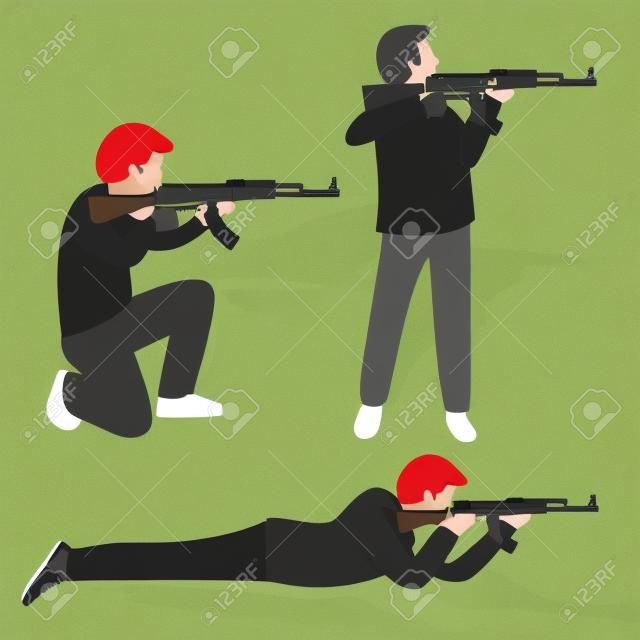 男子步槍射擊槍武器位置的拍攝動作槍支站在容易發生跪著的宗旨目標自動機槍矢量