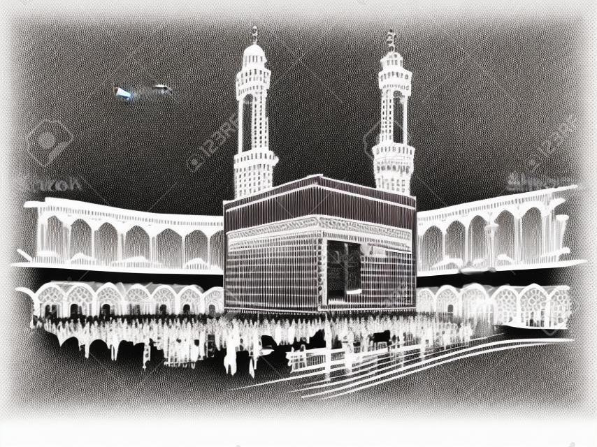 メッカ巡礼巡礼図面をスケッチ カーバ神殿聖なるシンボル的建物イスラム教ベクトルで