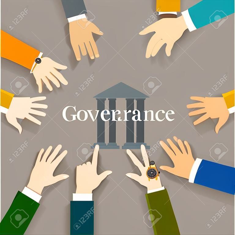 Good corporate governance concept. Accountable organization transparent management symbol with hands and building icon.