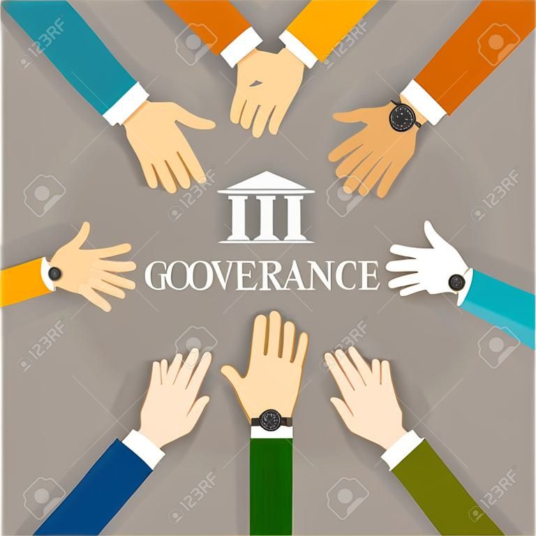 Good corporate governance concept. Accountable organization transparent management symbol with hands and building icon.