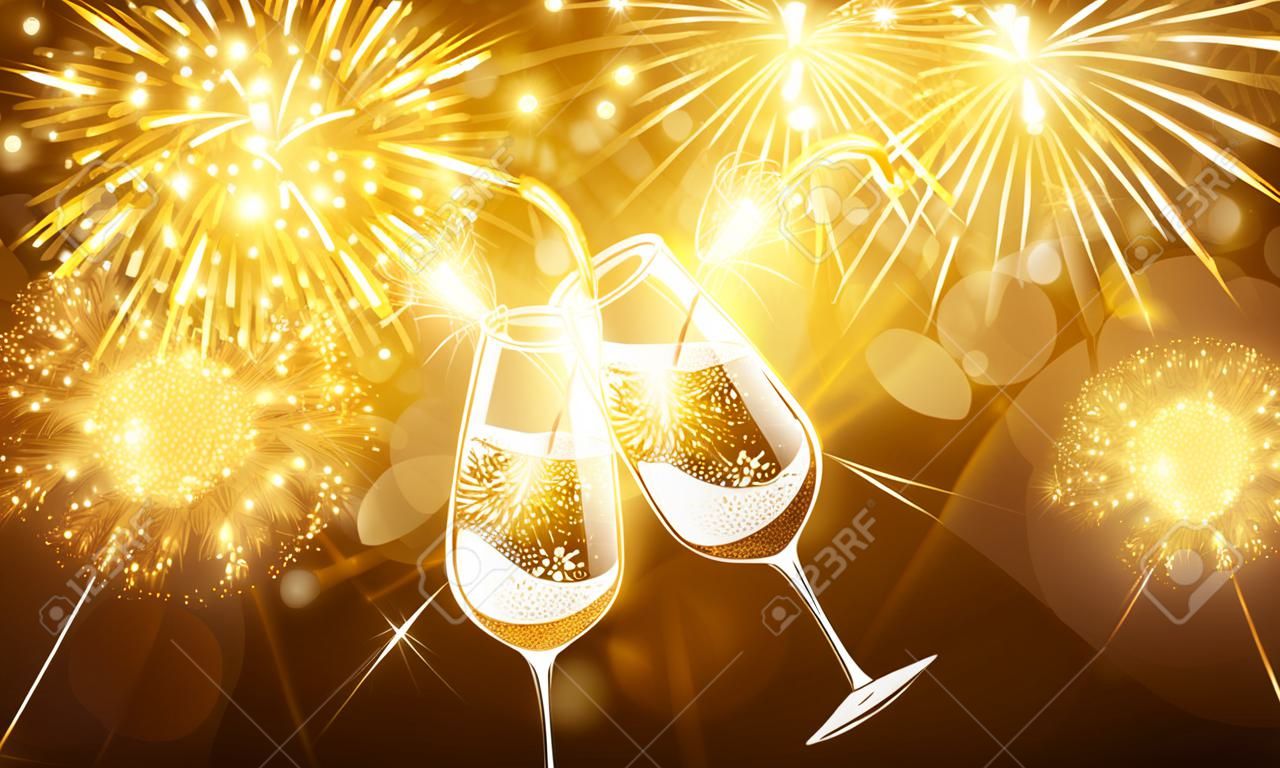 Silvester Feuerwerk und Champagner-Gläser. Vector
