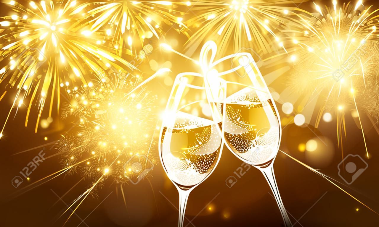 Nieuwjaar vuurwerk en champagne glazen. Vector