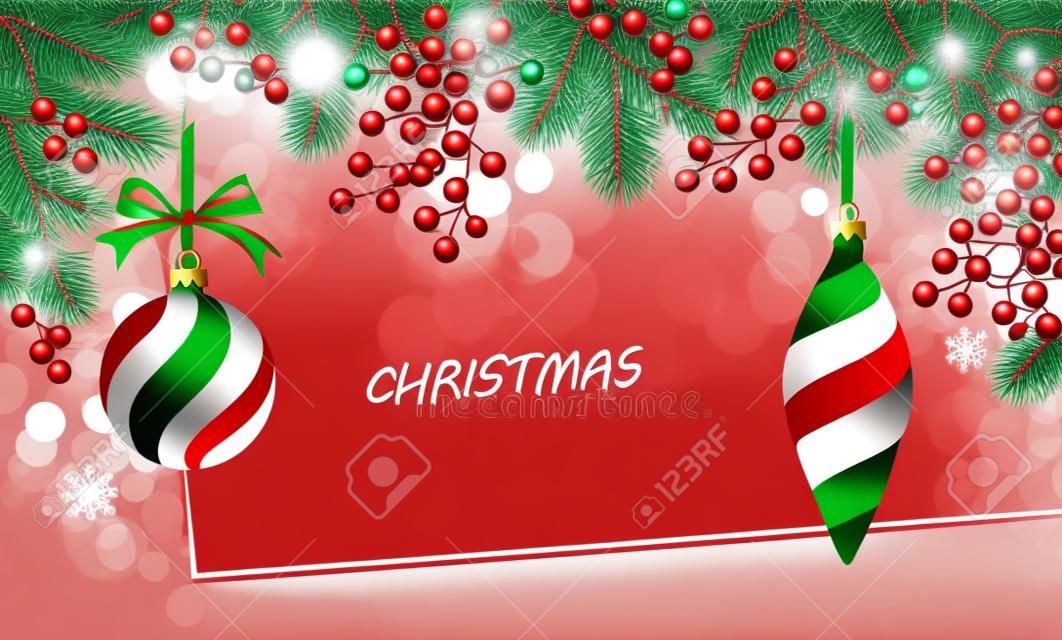 Karácsonyi háttér fenyő ágak és piros golyó díszek. Vektoros illusztráció