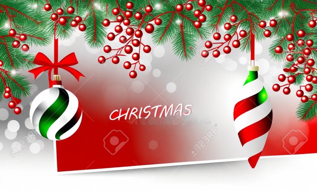 Sfondo di Natale con rami di abete e palle rosse con decorazioni. Illustrazione vettoriale