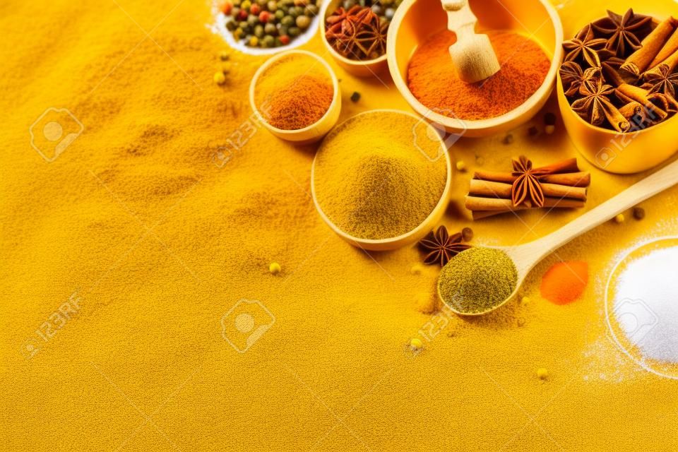 Spices isolated on white. Herbs. Curry, Carnation, turmeric cinnamon and other spices