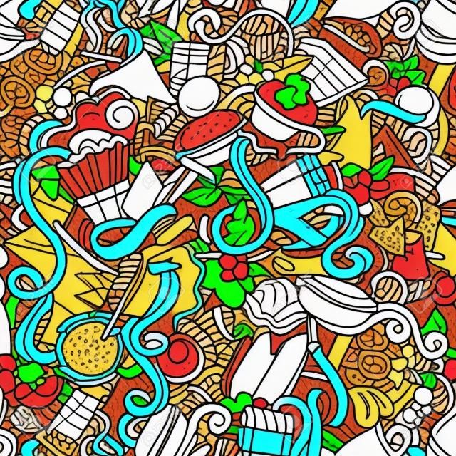 Cartoon handgezeichneten Kritzeleien auf dem Thema von Fast-Food und Süßigkeiten nahtlose Muster