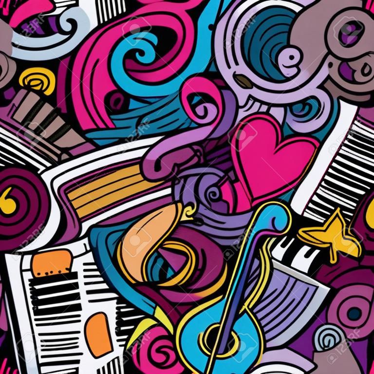 만화 음악 스타일 테마 원활한 패턴의 주제에 낙서를 손으로 그린​​. 벡터 색 배경
