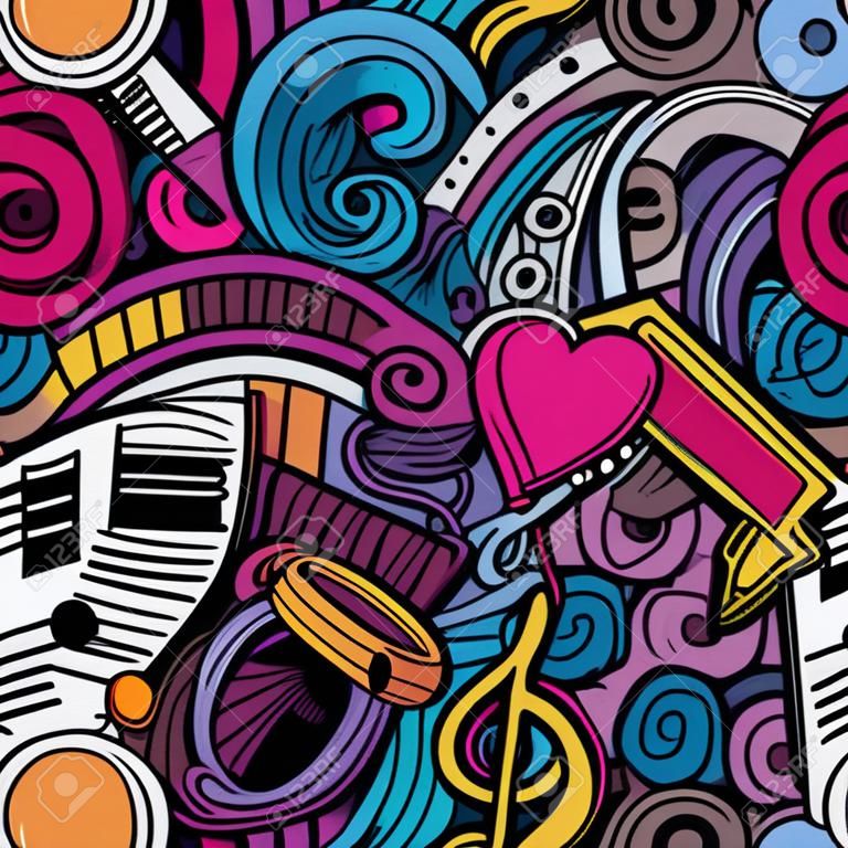 Cartoon hand-drawn doodles on the subject of music style theme seamless pattern. Vector color background