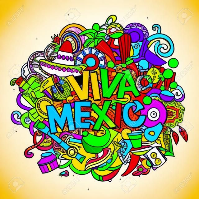 Viva Mexico de fond coloré festif. vecteur de bande dessinée tirée par la main Doodle illustration. conception détaillée lumineux multicolore avec des objets et des symboles. Tous les objets sont séparés