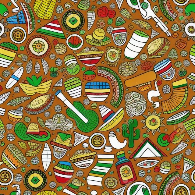 Cartoon hand-drawn latin american, mexican seamless pattern. Lots of symbols, objects and elements. Perfect funny vector background.