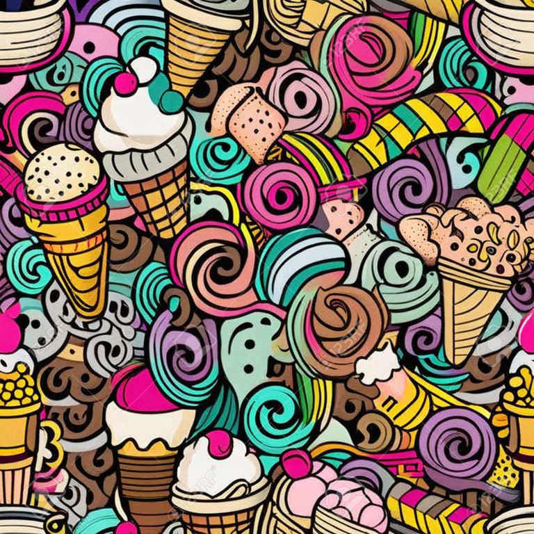Cartoon hand-drawn ice cream doodles seamless pattern. Colorful detailed, with lots of objects  background