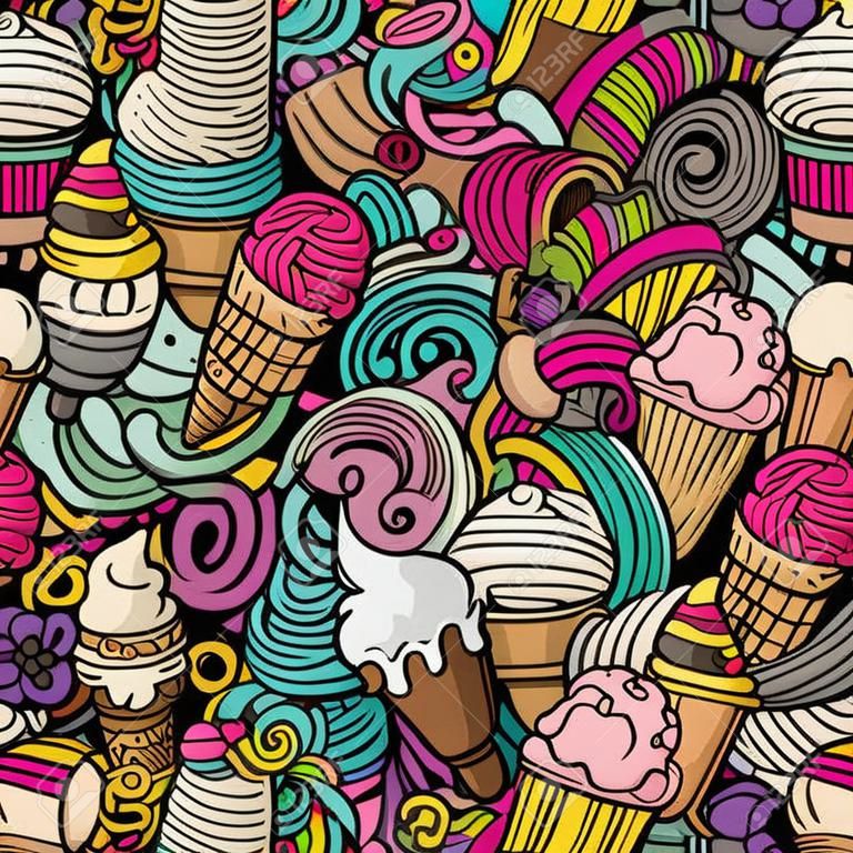 Çizgi film elle çizilmiş dondurma kahvesi dikişsiz desen. Renkli, çok sayıda nesne arka planıyla ayrıntılı