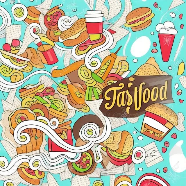 Cartoon cute doodles hand drawn fast food frame design. Line art detailed, with lots of objects background. Funny vector illustration. Sketchy border with fastfood theme items