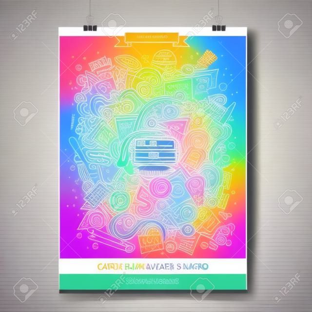 Cartoon colorful hand drawn doodles Art poster template. Very detailed, with lots of objects illustration. Funny vector artwork. Corporate identity design.