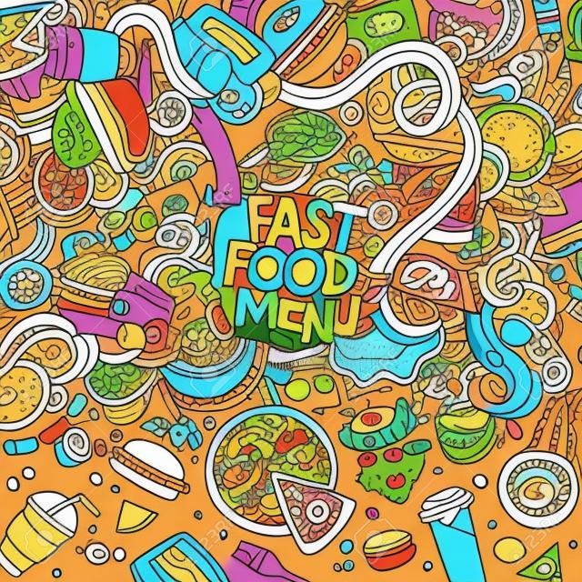 Cartoon sevimli karalamalar elle fast-food çerçeve tasarımı çizilmiş. Renkli nesneler arka sürü ile ayrıntılı. Komik vektör çizim. fastfood tema öğeleri ile parlak renkler sınır