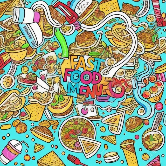 Kreskówka doodle ręcznie rysowane szybki konstrukcja ramy żywności. Kolorowe szczegółowo, z dużą ilością obiektów tle. Zabawna ilustracji wektorowych. Jasne kolory granicy z elementów fastfood tematycznych