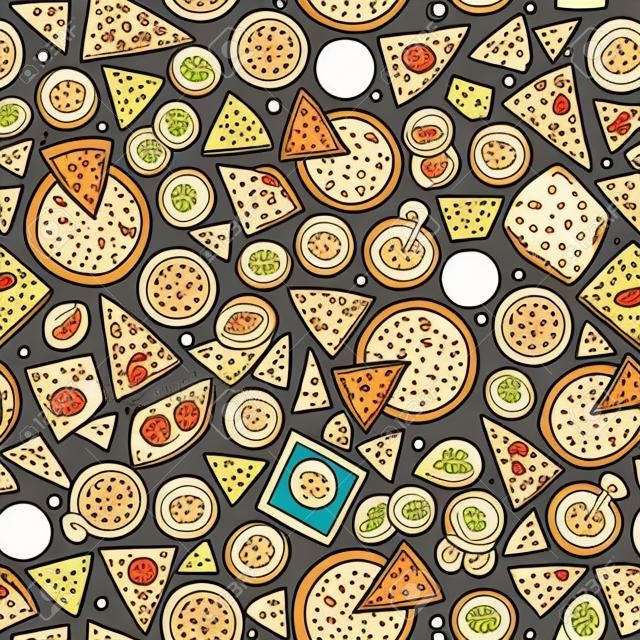 Cartoon sevimli elle Pizza dikişsiz desen çizilmiş. nesneler arka dolu çizgi sanatı. Sonsuz komik vektör çizim. fastfood sembolleri ve öğeleri ile eskiz zemin