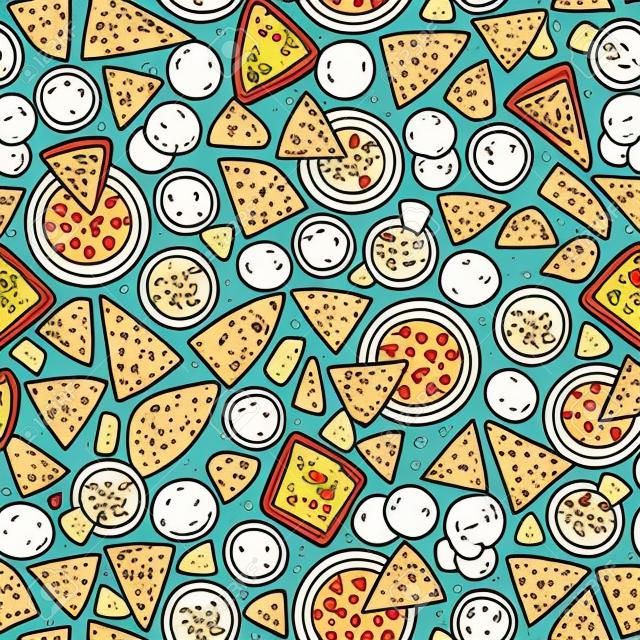 Cartoon sevimli elle Pizza dikişsiz desen çizilmiş. nesneler arka dolu çizgi sanatı. Sonsuz komik vektör çizim. fastfood sembolleri ve öğeleri ile eskiz zemin