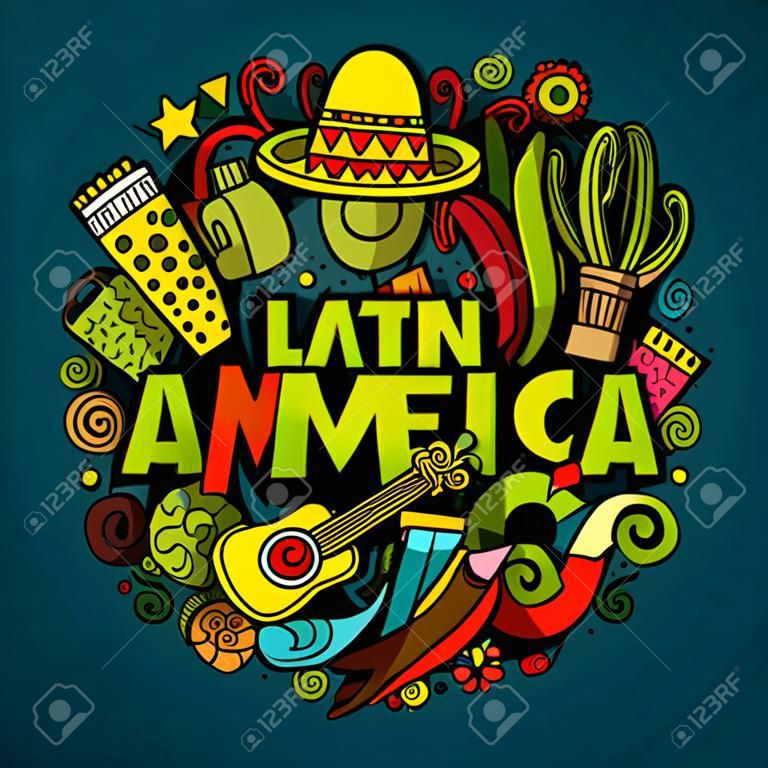 拉丁美洲豐富多彩的節日背景。卡通矢量手繪塗鴉插畫。五彩鮮豔的詳細設計與對象和符號。所有對象被分離