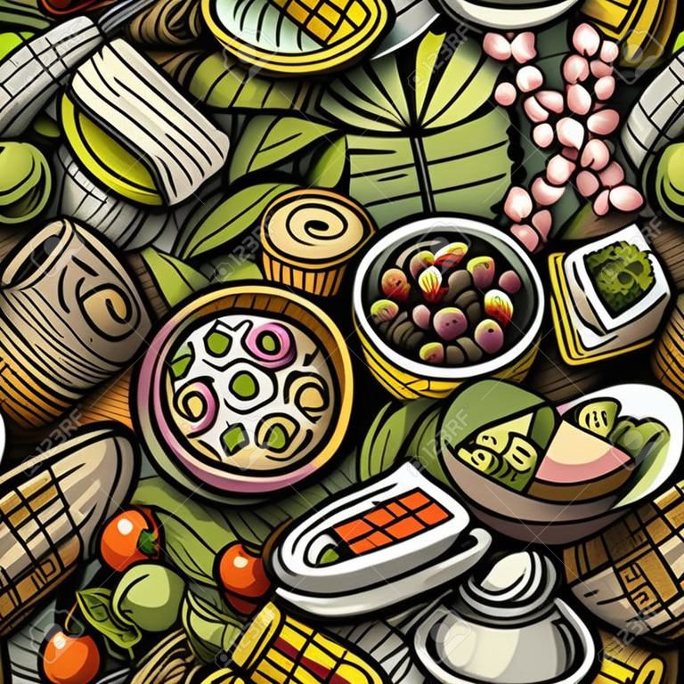 Cartoon cute doodles hand drawn Japan Food seamless pattern. Colorful detailed, with lots of objects background.
