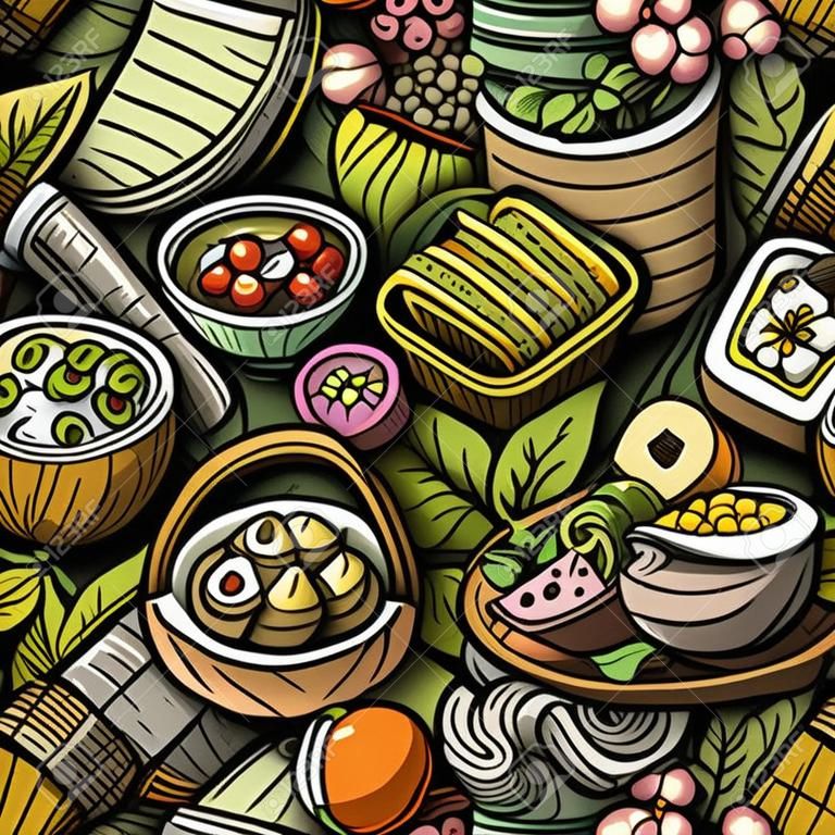 Cartoon cute doodles hand drawn Japan Food seamless pattern. Colorful detailed, with lots of objects background.