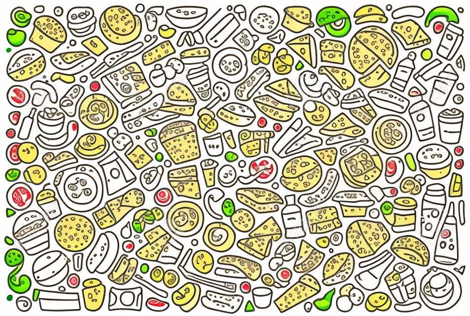 Línea arte vector dibujado a mano doodle conjunto de dibujos animados de objetos y símbolos de comida rápida