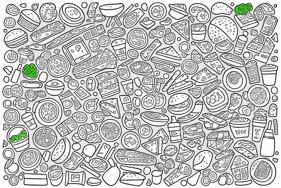 Line art vector hand drawn doodle cartoon set of fastfood objects and symbols