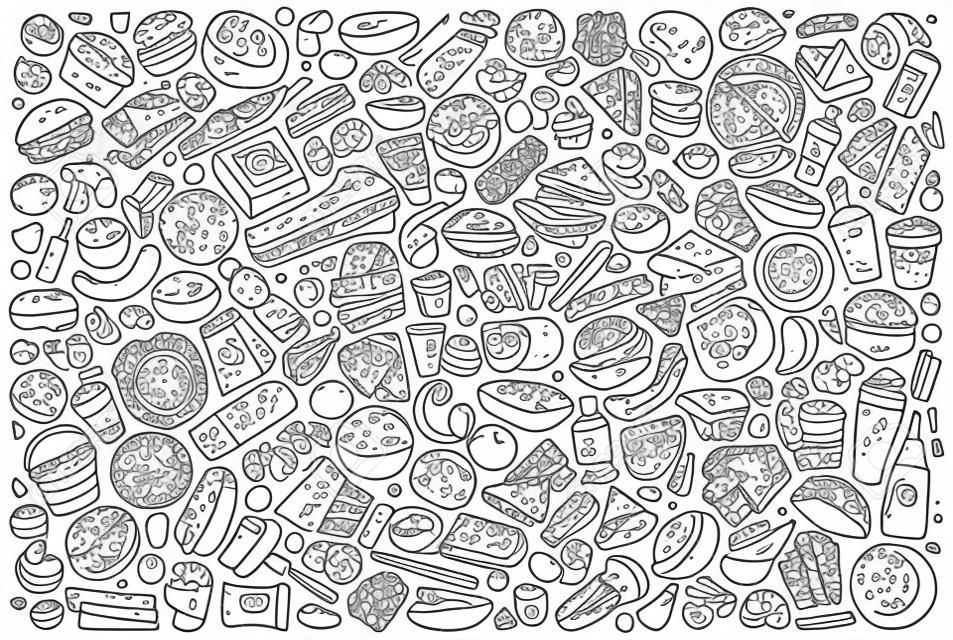 Line art vector hand getrokken doodle cartoon set van fastfood objecten en symbolen