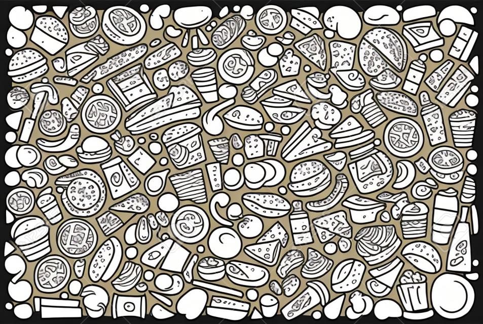 Line art vector hand getrokken doodle cartoon set van fastfood objecten en symbolen