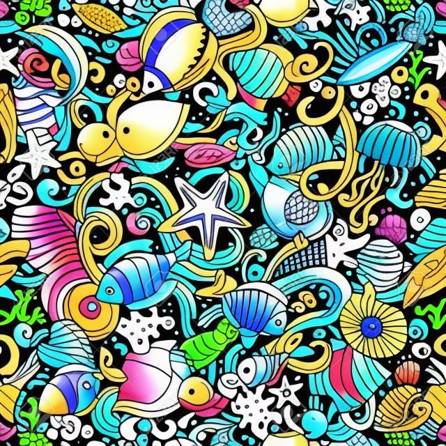 Cartoon doodles Sea Life seamless pattern. Backdrop with underwater symbols and items. Colorful detailed background for print on fabric, textile, phone cases, wrapping paper. All objects separate.