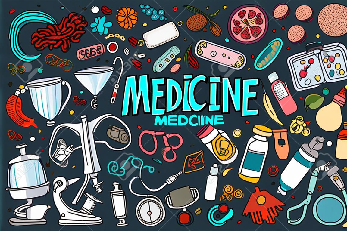Colorful vector hand drawn doodle cartoon set of medicine theme items, objects and symbols