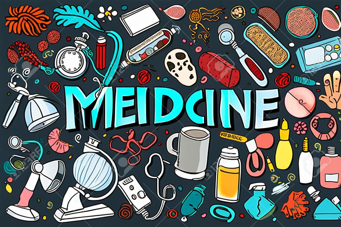 Insieme del fumetto di doodle disegnato a mano di vettore colorato di oggetti, oggetti e simboli a tema di medicina