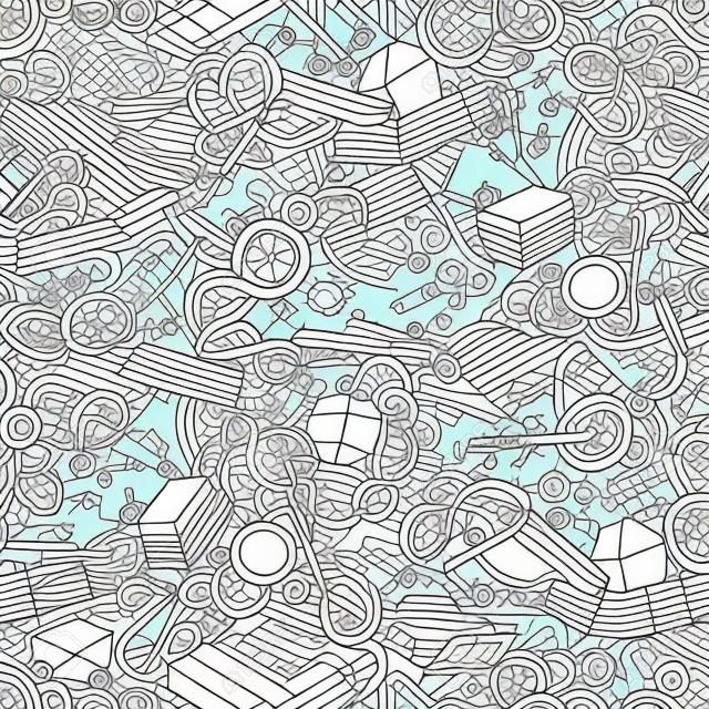 Science hand drawn doodles seamless pattern. Lab equipment background. Cartoon medical coloring design. Sketchy vector illustration