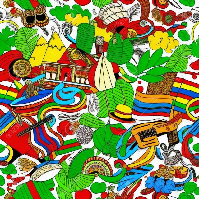 Cartoon doodles Bolivia naadloze patroon. Backdrop met Boliviaanse cultuur symbolen en items. Kleurrijke achtergrond voor print op stof, textiel, wenskaarten, sjaals, behang